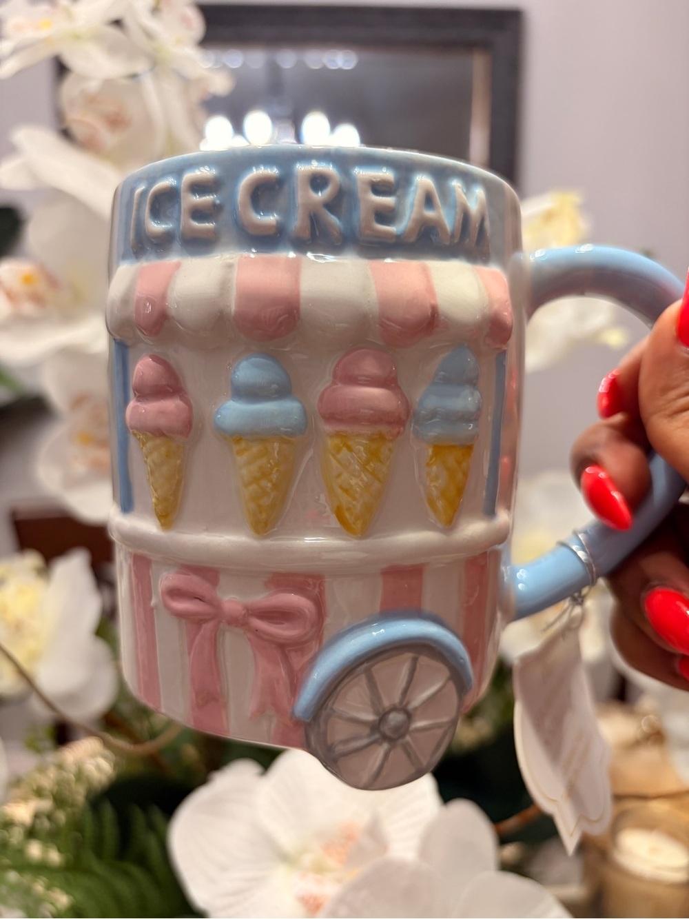 Ice Cream Cart Ceramic Mug - Pink & Baby Blue with bow